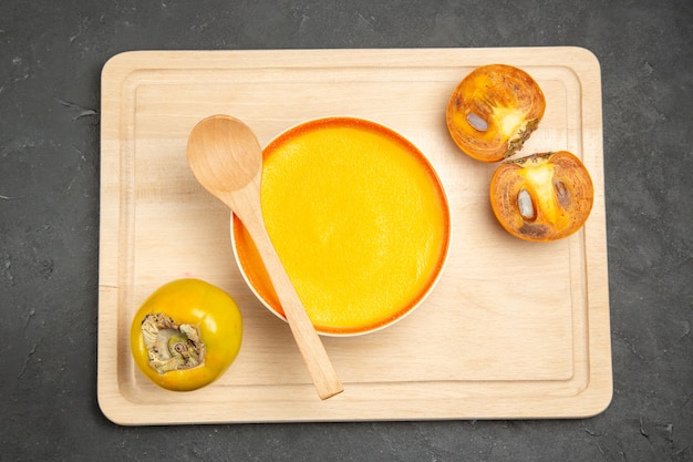 Top view of delicious pumpkin soup in a bowl