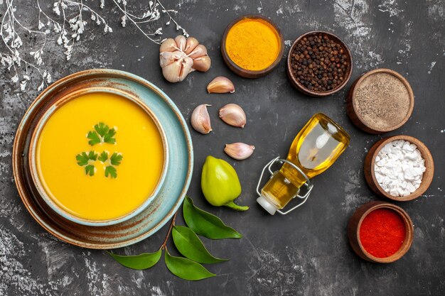 Top view of delicious pumpkin soup in a bowl