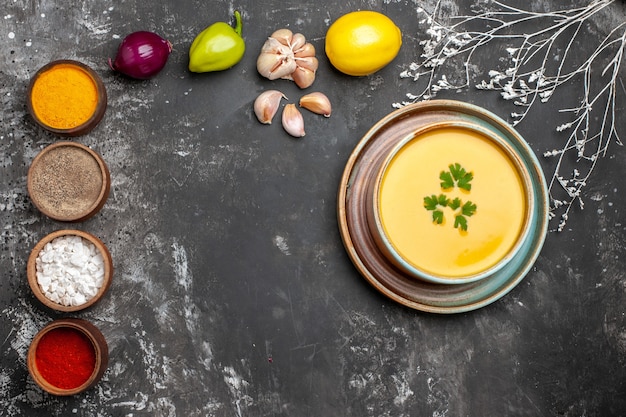 Top view of delicious pumpkin soup in a bowl