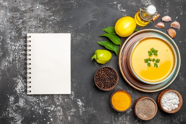 Top view of delicious pumpkin soup in a bowl