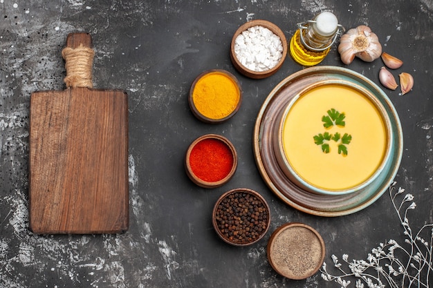 Top view of delicious pumpkin soup in a bowl