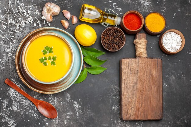 Top view of delicious pumpkin soup in a bowl