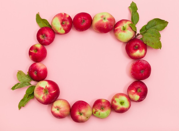 Top view on delicious red organic apples with leaves in a shape of circle on light pink background