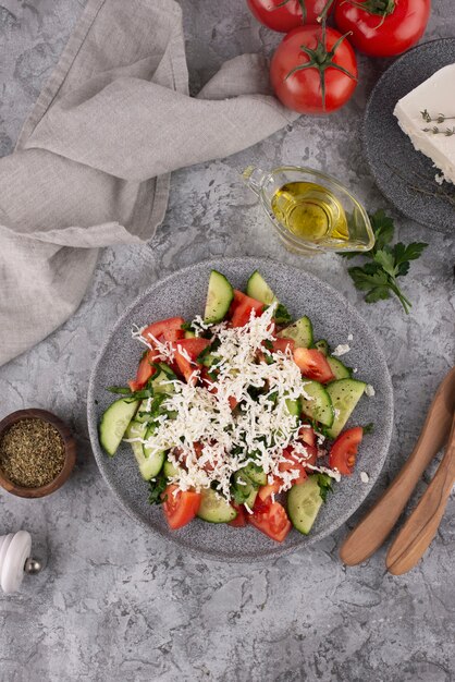 Top view delicious salad on plate