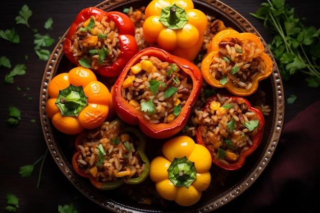 Top view delicious stuffed peppers on table