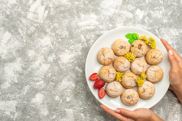 Foto gratuita vista dall'alto deliziosi biscotti di zucchero all'interno della piastra su sfondo bianco biscotti di zucchero dolce biscotto torta di tè