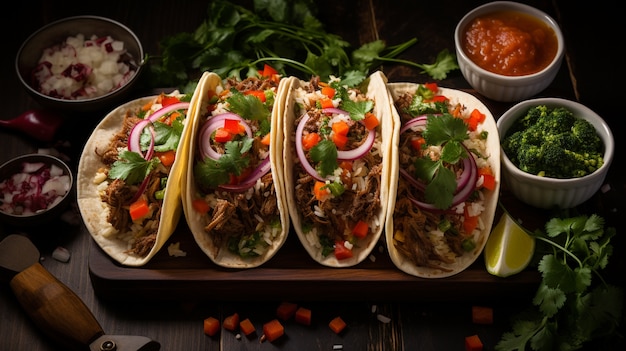 Foto gratuita vista dall'alto deliziosa disposizione di tacos