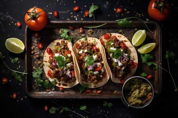 Foto gratuita vista dall'alto su deliziosi tacos in fila