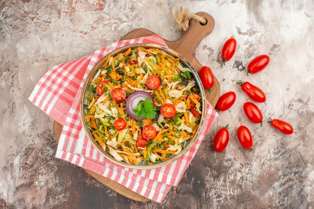 Top view of delicious vegan salad with various vegetables