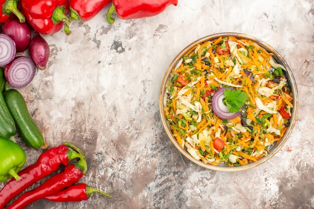 Top view of delicious vegan salad with various vegetables