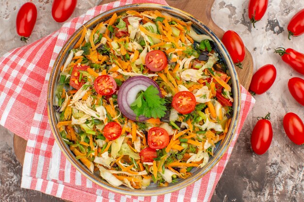 Top view of delicious vegan salad with various vegetables