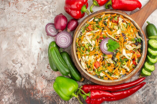 Top view of delicious vegan salad with various vegetables