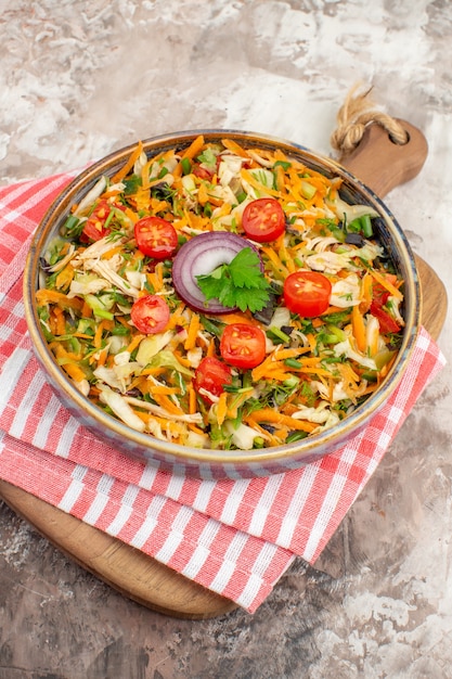 Top view of delicious vegan salad with various vegetables