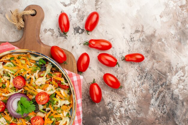 Top view of delicious vegan salad with various vegetables