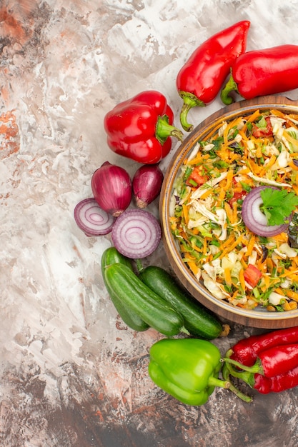 Top view of delicious vegan salad with various vegetables