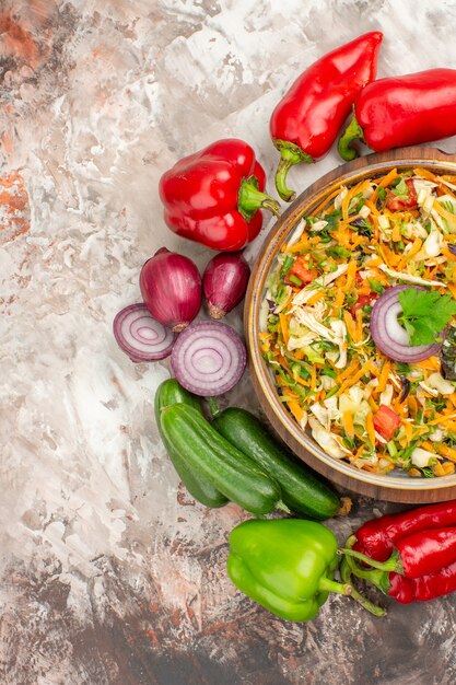 Top view of delicious vegan salad with various vegetables