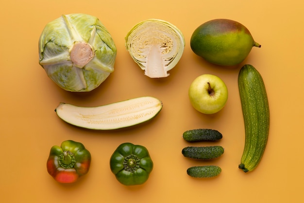 Top view delicious vegetables and fruits