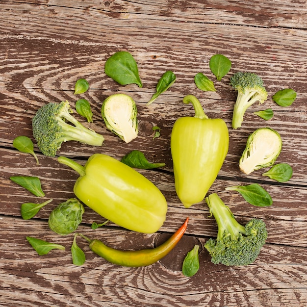 Top view delicious vegetables on table