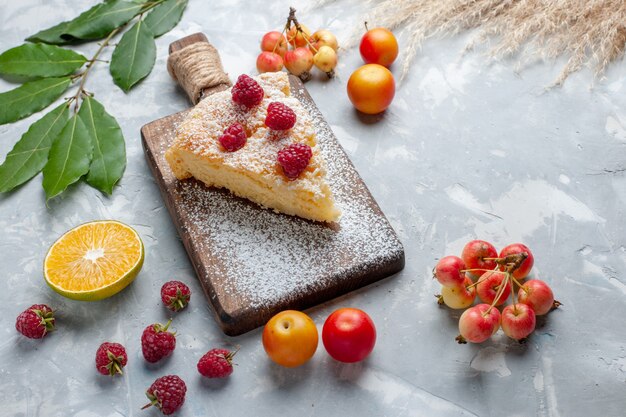 Top view delicious yummy pie slice with fruits on white desk sugar sweet pie cake biscuit