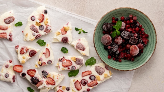 Top view of deloicious frozen fruit yogurt