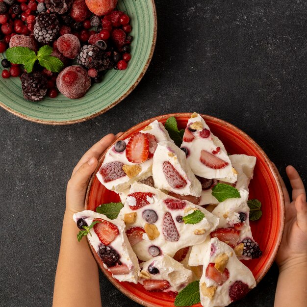 Top view of deloicious frozen fruit yogurt