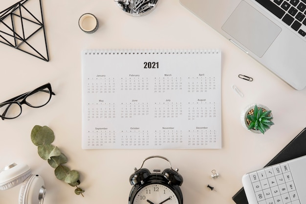Top view desk 2021 calendar