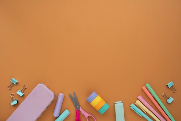 Top view desk arrangement with items frame