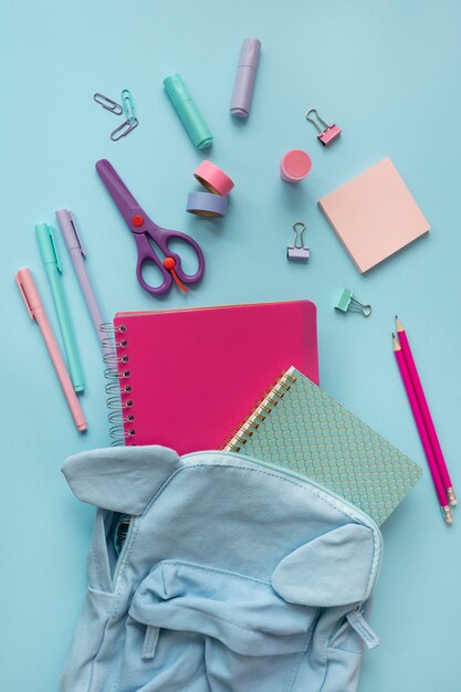 Top view desk arrangement with notebooks