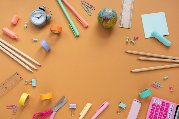 Top view desk arrangement with objects