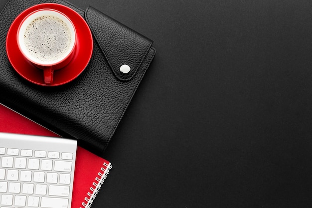 Top view desk concept with coffee