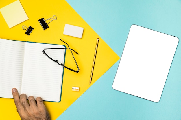 Top view  desk concept with mockup tablet