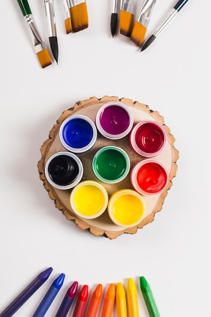 Top view of desk concept with paint