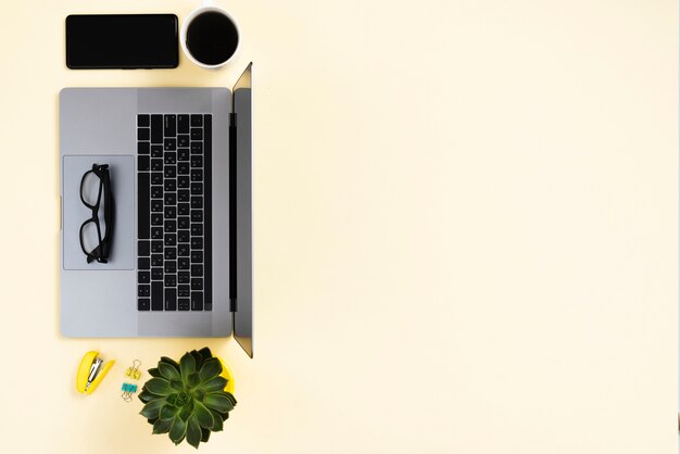 Top view desk concept with smart devices