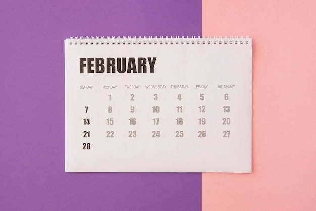 Top view desk february calendar