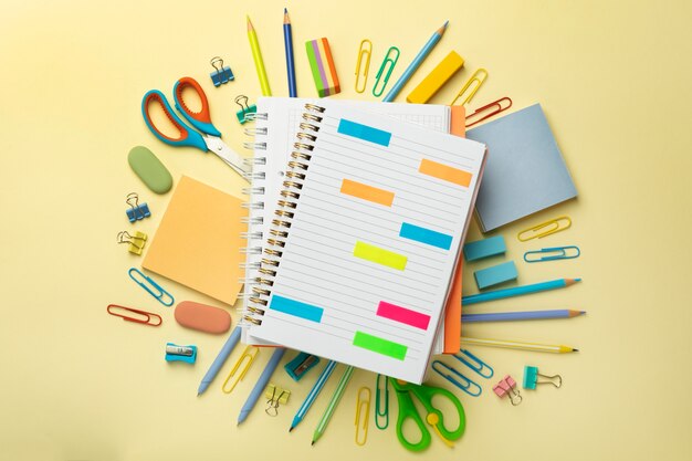 Top view desk items arrangement