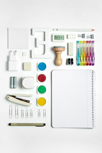 Top view desk supplies composition