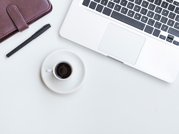 Top view desk with coffee cup