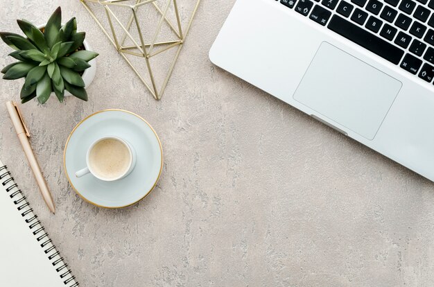 Top view desk with coffee, plant and laptop