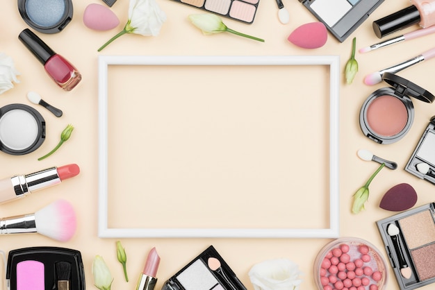 Top view different beauty products composition