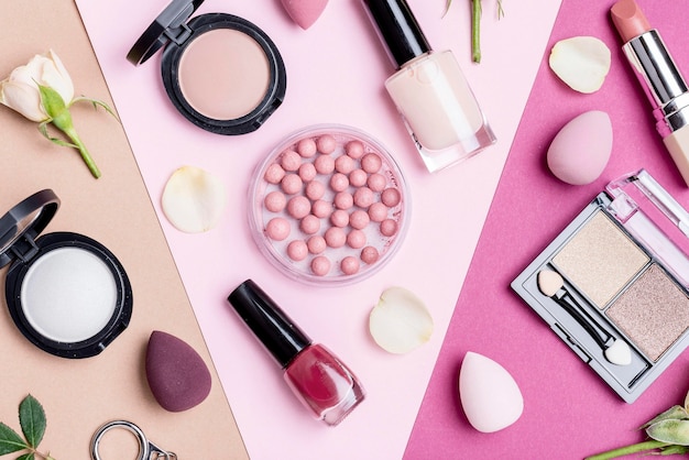 Top view different beauty products composition