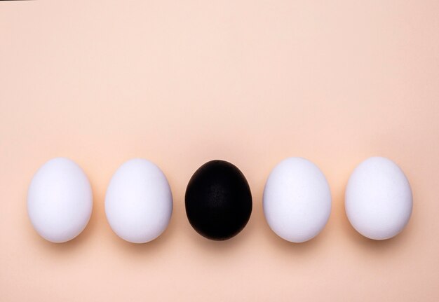 コピースペースで黒い生命物質の動きのための異なる色の卵の上面図