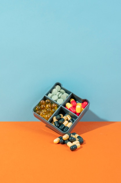 Top view different pills in box arrangement