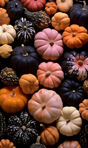 Top view different pumpkins arrangement