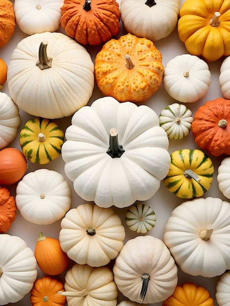 Top view different pumpkins arrangement