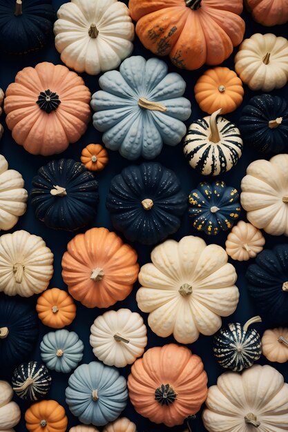 Top view different pumpkins arrangement