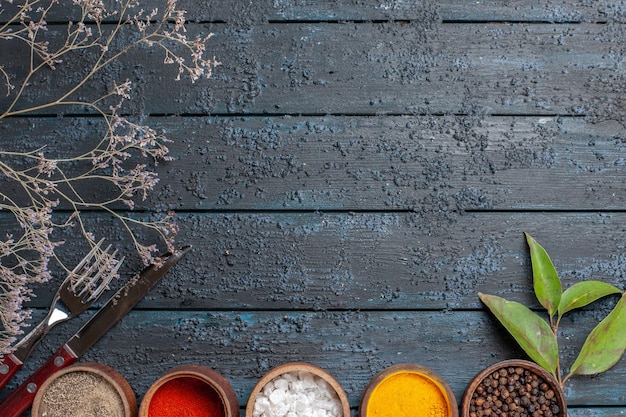 Free photo top view different seasonings inside little pots on dark-blue desk edgy spicy pepper