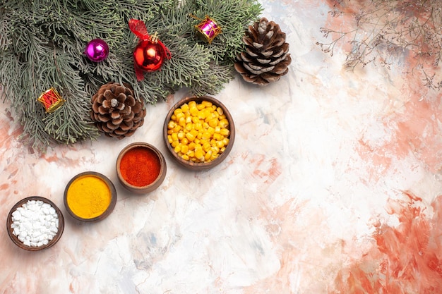 Top view different seasonings with corns on light background