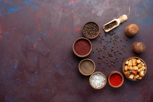 Top view different seasonings with dried rusks on dark desk