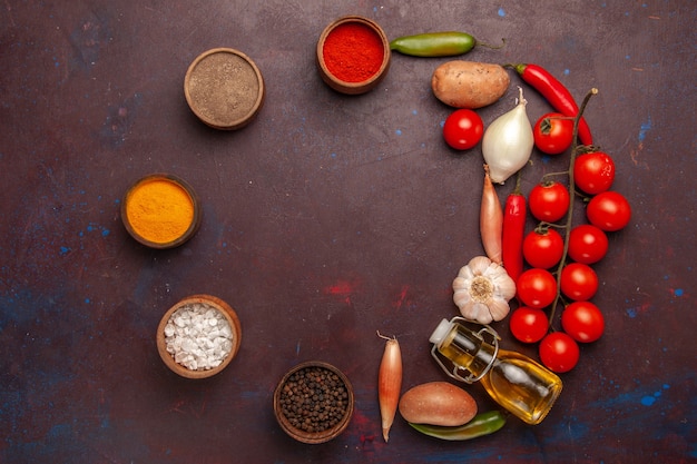 top view different seasonings with fresh vegetables on dark-purple space