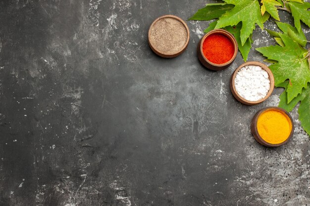 Top view different seasonings with green leaves on dark surface